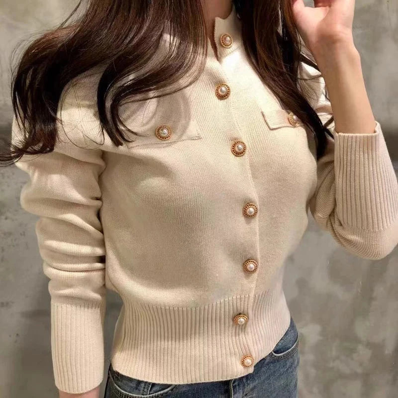 2025 Autumn Long Sleeve Fashion Women Cardigans Sweater Knitted Coat Short Casual Single Breasted Korean Slim Chic Ladies Tops Blue Wolf Store