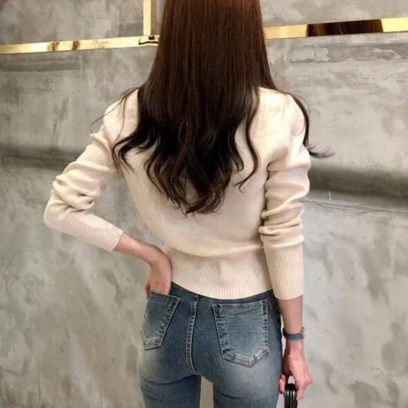 2025 Autumn Long Sleeve Fashion Women Cardigans Sweater Knitted Coat Short Casual Single Breasted Korean Slim Chic Ladies Tops Blue Wolf Store
