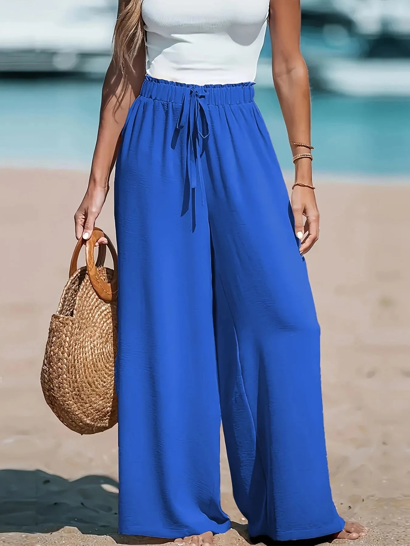 2025 Cross border Women's Four Seasons Wide Leg Loose Drawstring Casual Fashion Pants Blue Wolf Store Blue M