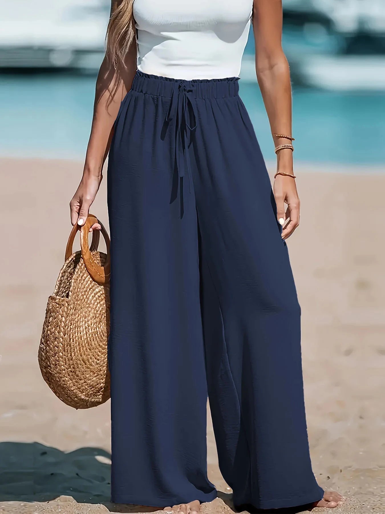 2025 Cross border Women's Four Seasons Wide Leg Loose Drawstring Casual Fashion Pants Blue Wolf Store dark blue S