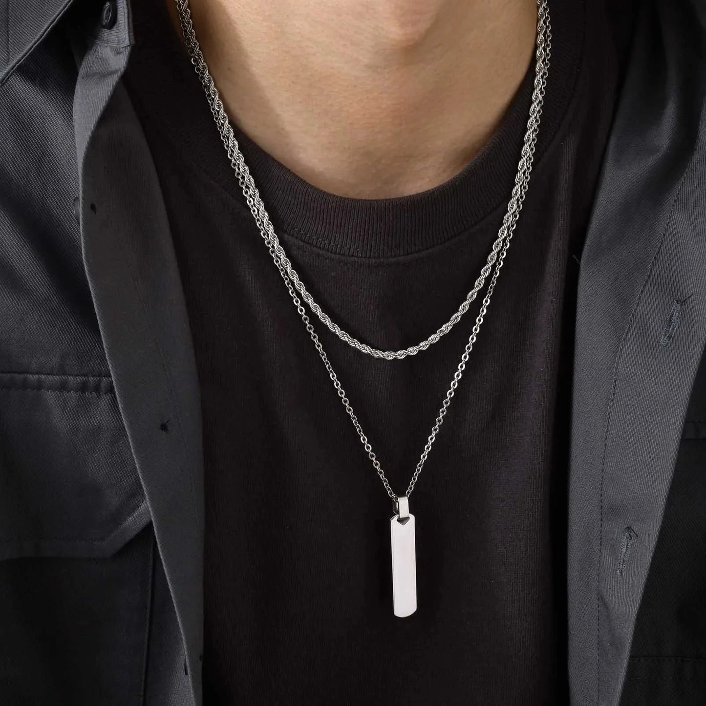 2pcs/set Vertical Bar Stacked Necklaces for Men Boys,Wateproof Stainless Steel Cuban Chain Collar,Stylish Jewelry Sets Gifts Blue Wolf Store