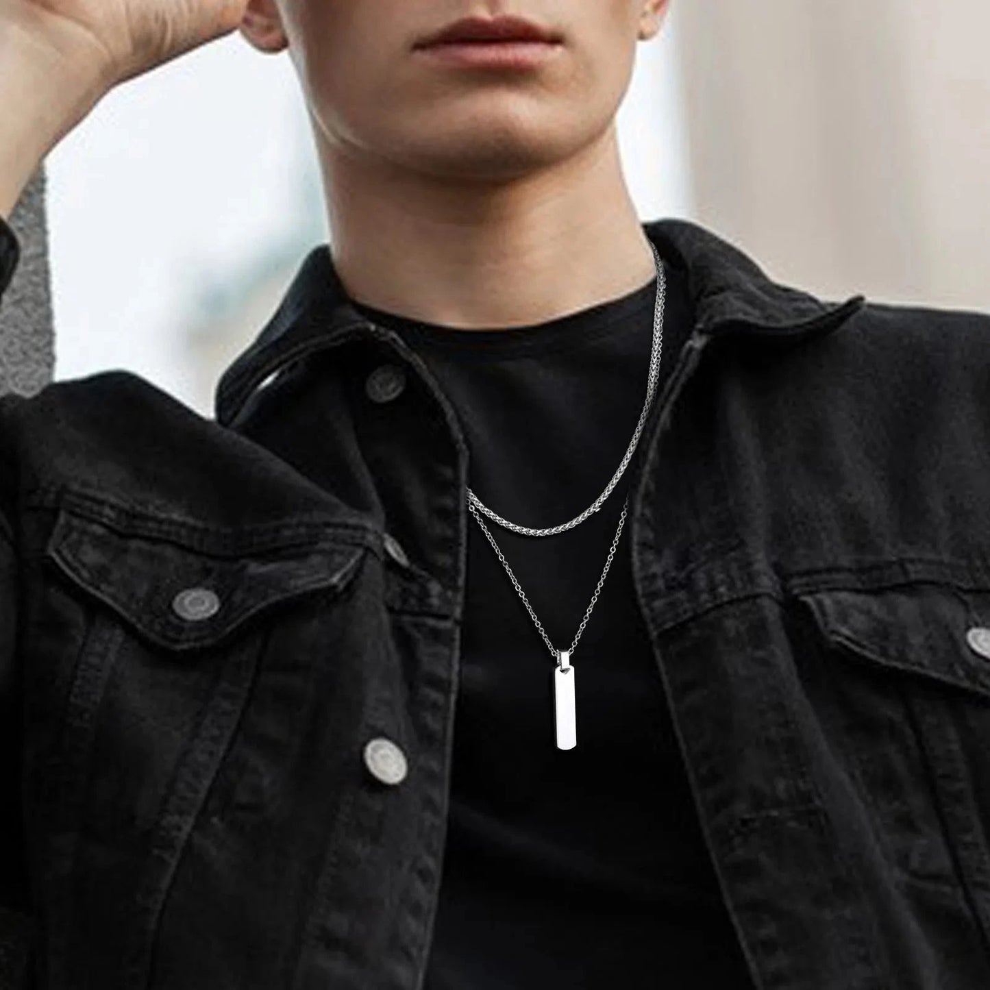 2pcs/set Vertical Bar Stacked Necklaces for Men Boys,Wateproof Stainless Steel Cuban Chain Collar,Stylish Jewelry Sets Gifts Blue Wolf Store