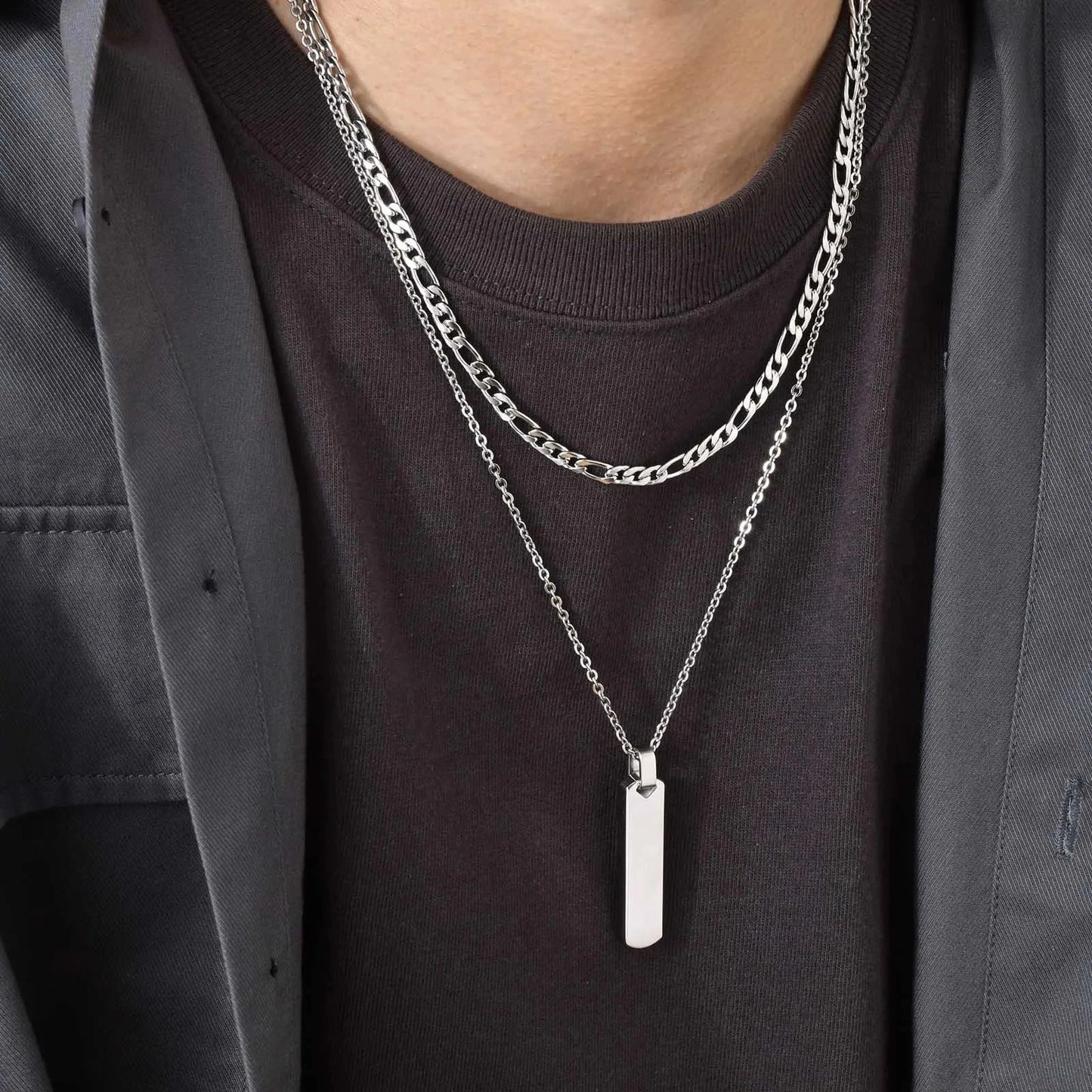 2pcs/set Vertical Bar Stacked Necklaces for Men Boys,Wateproof Stainless Steel Cuban Chain Collar,Stylish Jewelry Sets Gifts Blue Wolf Store