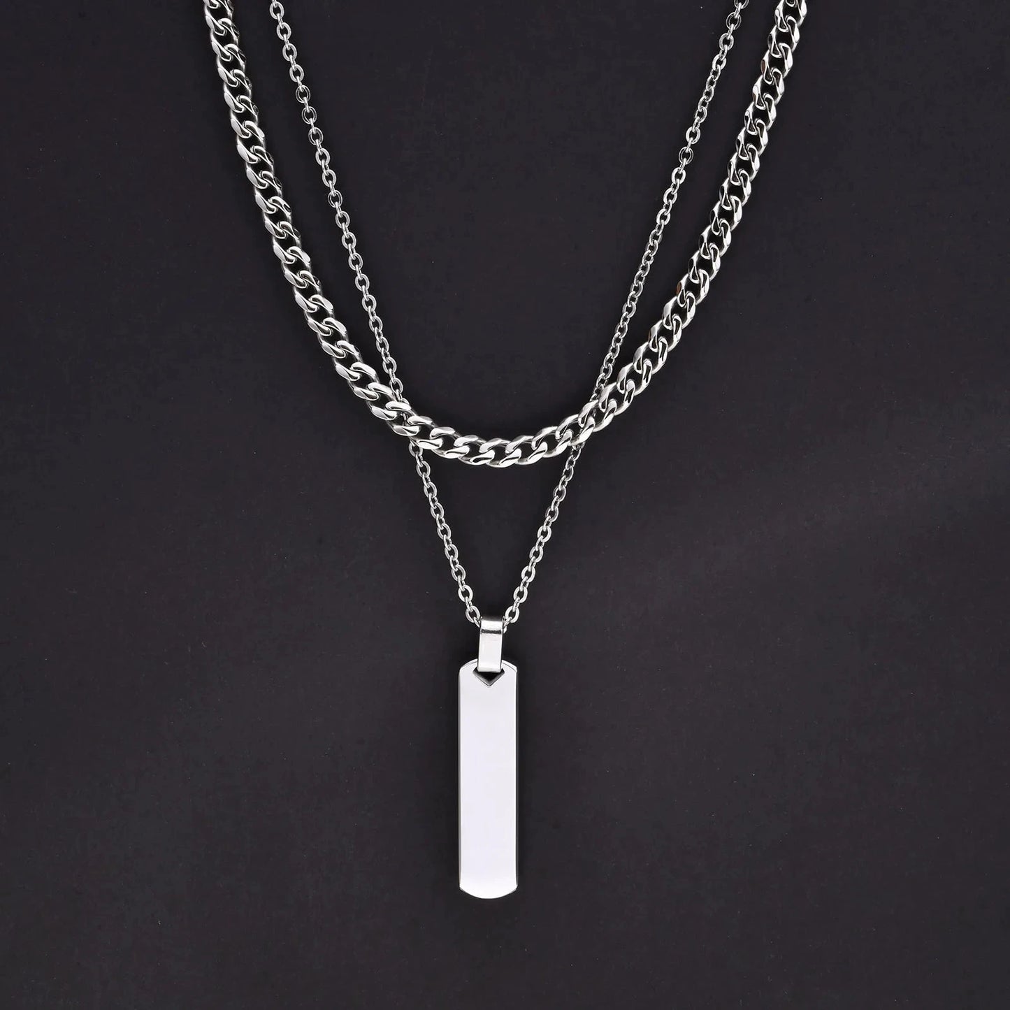 2pcs/set Vertical Bar Stacked Necklaces for Men Boys,Wateproof Stainless Steel Cuban Chain Collar,Stylish Jewelry Sets Gifts Blue Wolf Store PN-1676S-Cuban Chain