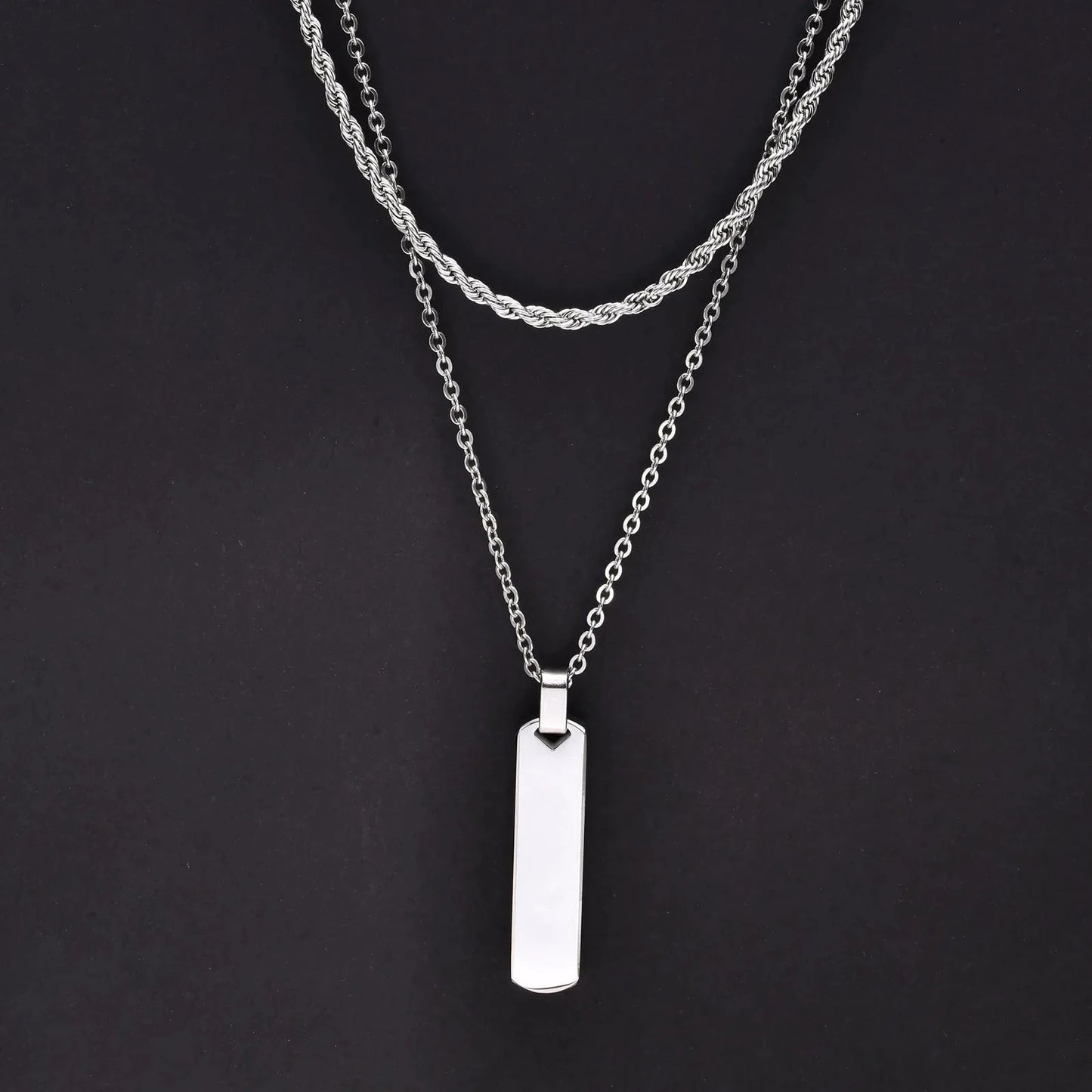 2pcs/set Vertical Bar Stacked Necklaces for Men Boys,Wateproof Stainless Steel Cuban Chain Collar,Stylish Jewelry Sets Gifts Blue Wolf Store PN-1676S-Rope Chain