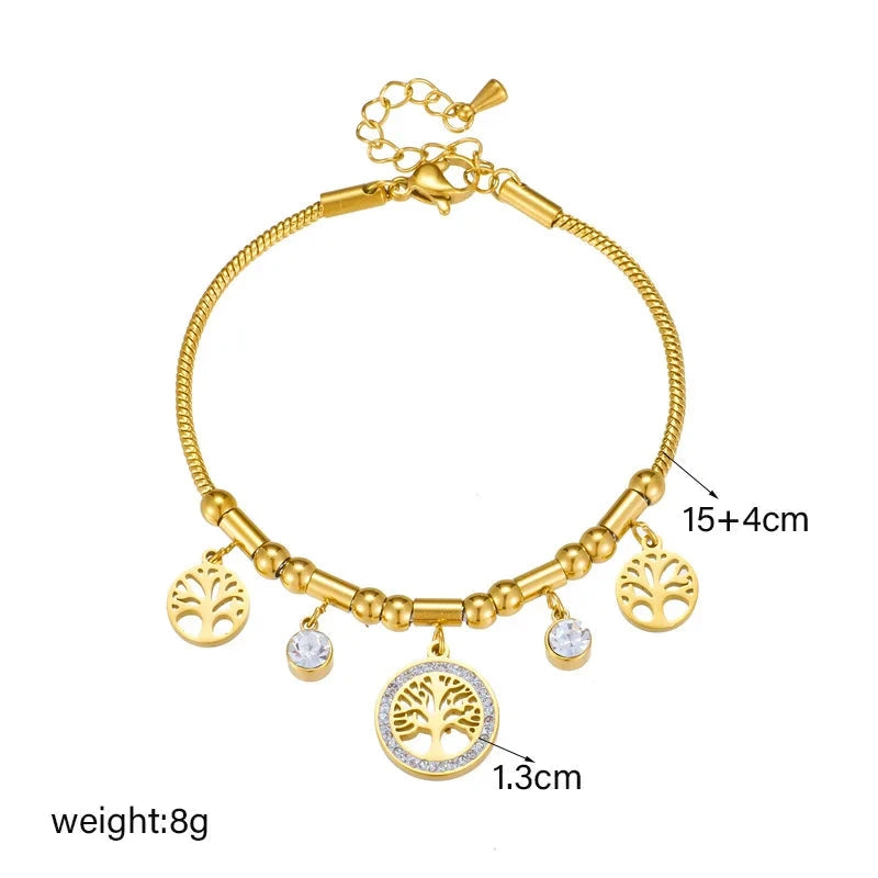 316L Stainless Steel Elegant Gold Color Tree - of - Life Charms Bracelet With Shiny Zircon Stone For Women's Daily Wear Blue Wolf Store