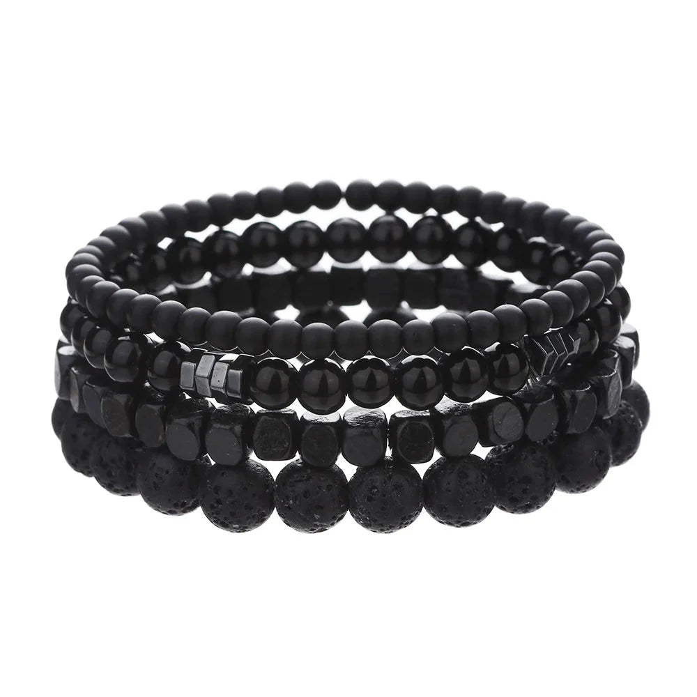 4PC Volcano Stone Black Gallstone Beaded Bracelets for Men Trendy Fashion Lava Wood Beads Bracelet Set Combination Hip Hop Gifts Blue Wolf Store 4 pieces