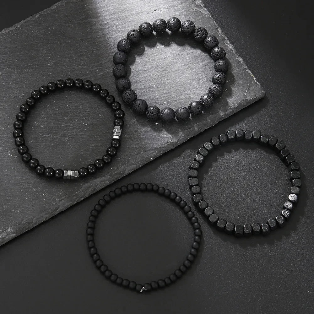 4PC Volcano Stone Black Gallstone Beaded Bracelets for Men Trendy Fashion Lava Wood Beads Bracelet Set Combination Hip Hop Gifts Blue Wolf Store