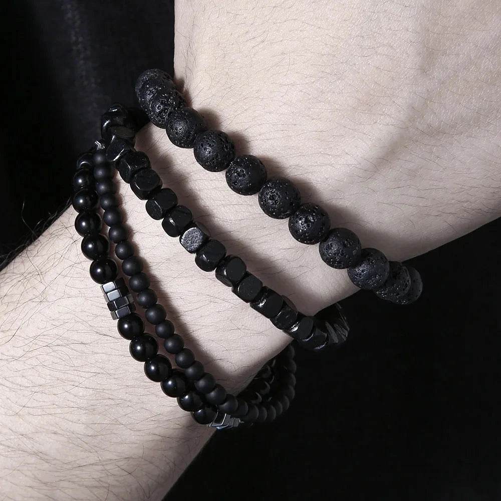 4PC Volcano Stone Black Gallstone Beaded Bracelets for Men Trendy Fashion Lava Wood Beads Bracelet Set Combination Hip Hop Gifts Blue Wolf Store