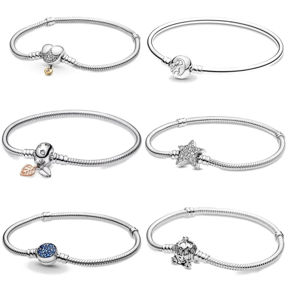 925 Silver European White Stone Star Leaf Clasp Clip Snake Chain Size 16-21cm Bracelet Bangles Jewelry Accessories Charm Blue Wolf Store