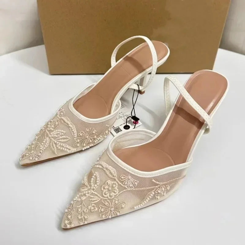 Brand Designer White Women Wedding Pumps Mesh Embroidered Flowers Back Strap Sexy Slingback High Heel Dress Shoes for Ladies Blue Wolf Store