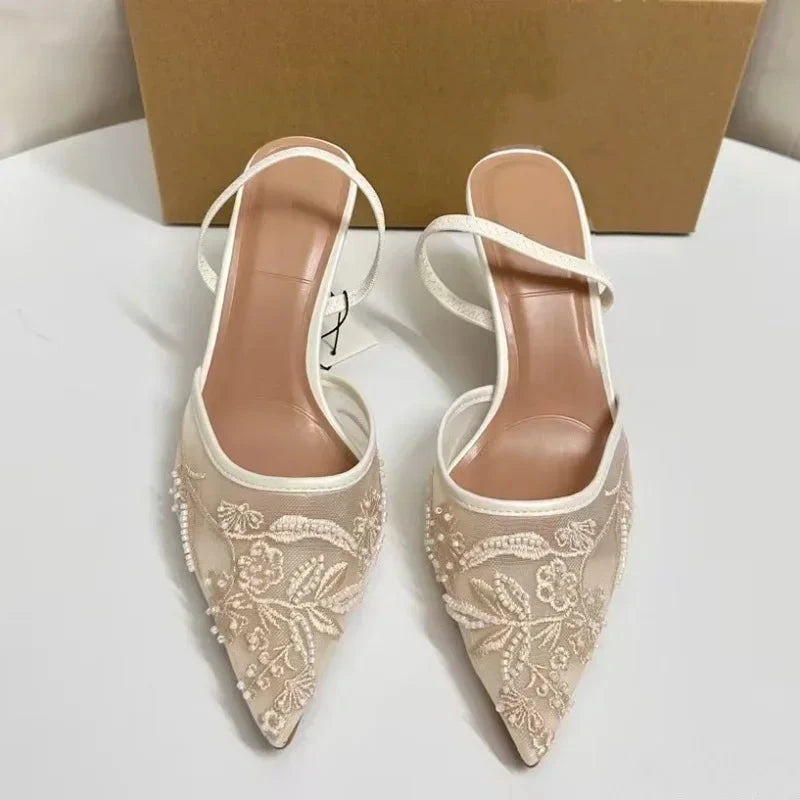 Brand Designer White Women Wedding Pumps Mesh Embroidered Flowers Back Strap Sexy Slingback High Heel Dress Shoes for Ladies Blue Wolf Store
