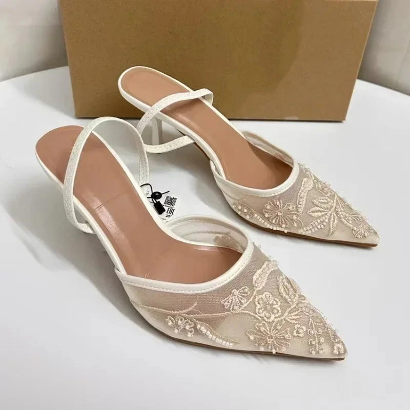 Brand Designer White Women Wedding Pumps Mesh Embroidered Flowers Back Strap Sexy Slingback High Heel Dress Shoes for Ladies Blue Wolf Store