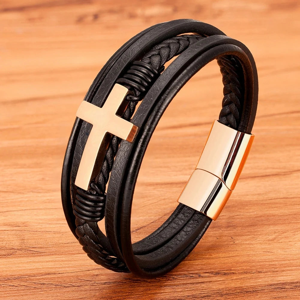 Classic Men's Leather Bracelet Classic Men's Leather Bracelet Blue Wolf Store Rose Gold 21cm/8.27 inch