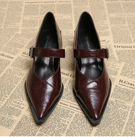 Designer Vintage Pointed Toe Women Mary Jane Shoes Fashion Shallow Buckle Shoes Spring Ladies Elegant Dress Thick Heel Shoes Blue Wolf Store