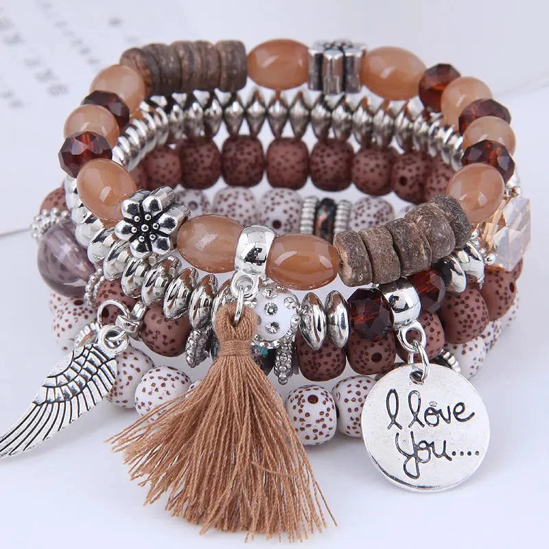 DIEZI Bohemian Multicolor Pink Crystal Beads Bracelets Women Girls Elastic Tassel Wing Letters Rope Bracelet Pulseira Feminina Blue Wolf Store