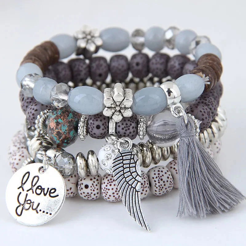 DIEZI Bohemian Multicolor Pink Crystal Beads Bracelets Women Girls Elastic Tassel Wing Letters Rope Bracelet Pulseira Feminina Blue Wolf Store grey