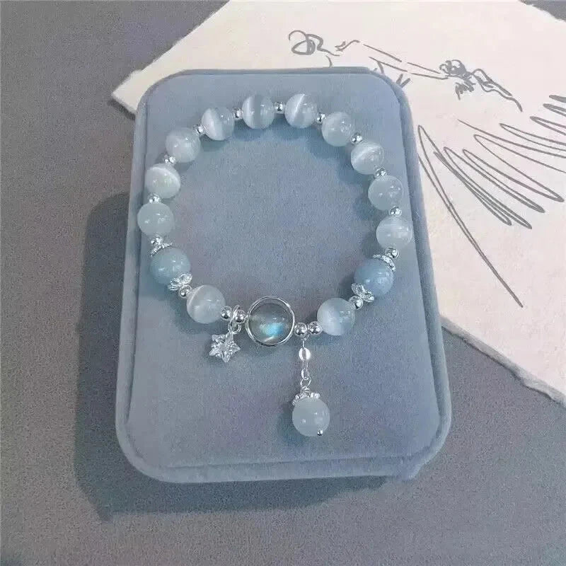 Fashion Cat Eye Stone Ins Niche Design Moonstone Crystal Five-pointed Star Bracelet Light Luxury Elastic Bracelet Blue Wolf Store