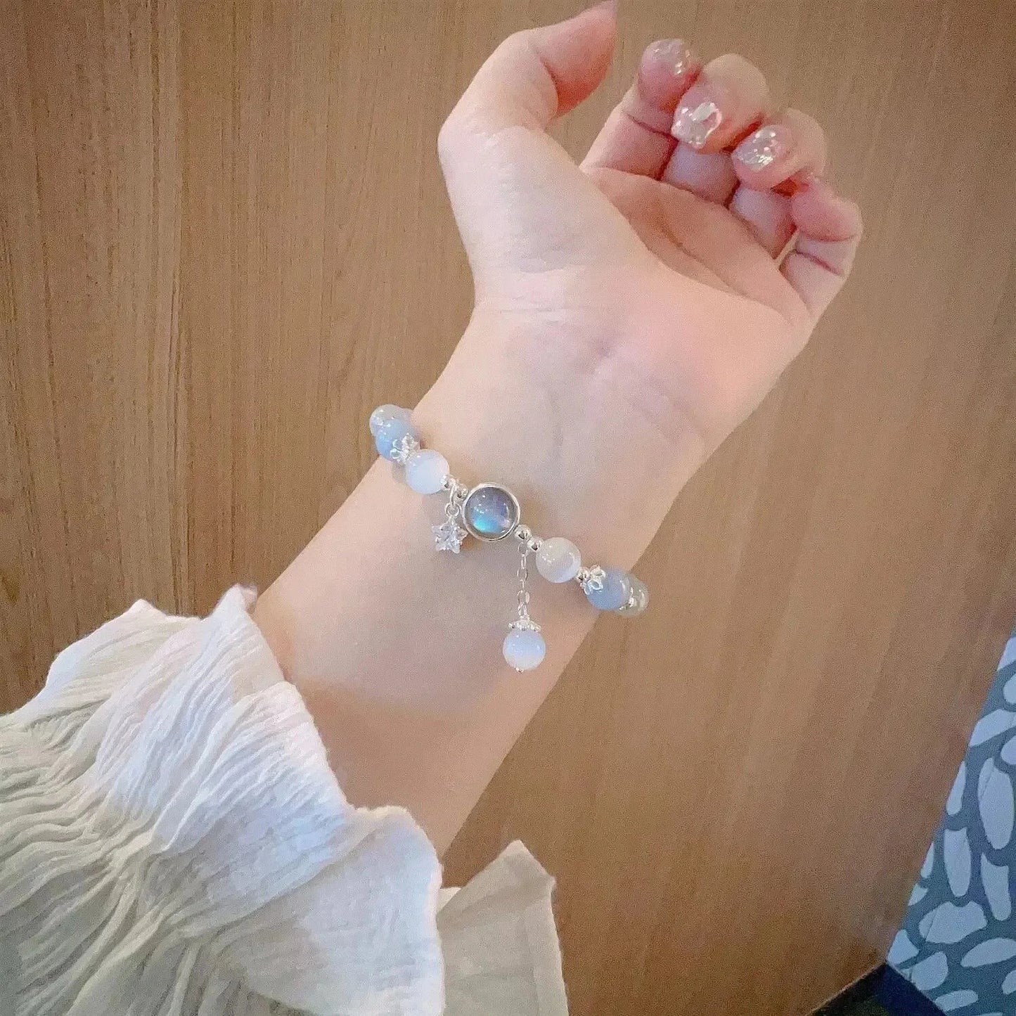 Fashion Cat Eye Stone Ins Niche Design Moonstone Crystal Five-pointed Star Bracelet Light Luxury Elastic Bracelet Blue Wolf Store