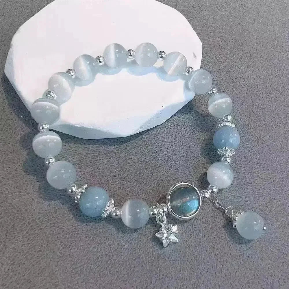 Fashion Cat Eye Stone Ins Niche Design Moonstone Crystal Five-pointed Star Bracelet Light Luxury Elastic Bracelet Blue Wolf Store A