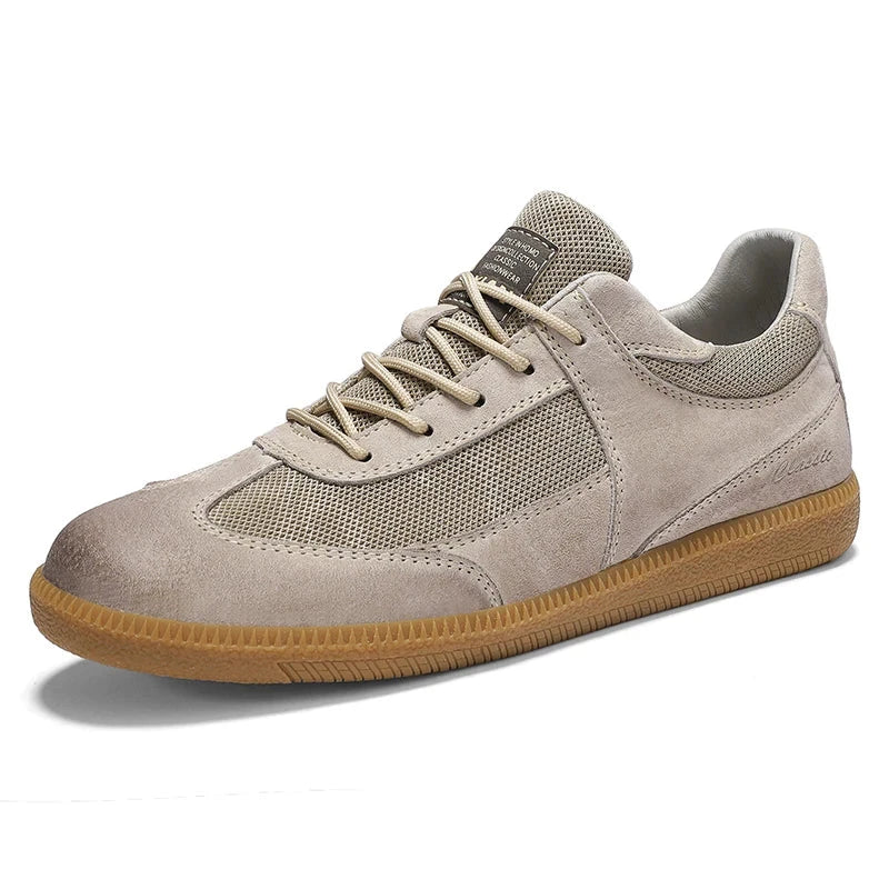 Genuine Leather Casual Shoes For Men Breathable Mesh Patchwork Board Sneakers Men Flats Footwear Plus Size 39-47 Walking Shoes Blue Wolf Store Sand 41