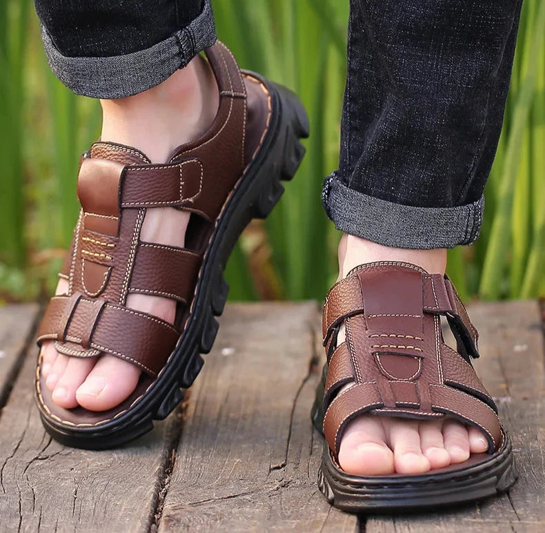 Genuine Leather Men Sandals Men's Massage Sandals Outdoor Non-Slip Beach Shoes Men's Durable Treking Sports Sandals Big Size 48 Blue Wolf Store