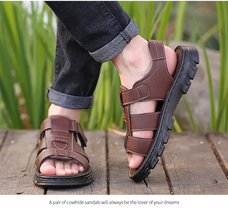 Genuine Leather Men Sandals Men's Massage Sandals Outdoor Non-Slip Beach Shoes Men's Durable Treking Sports Sandals Big Size 48 Blue Wolf Store