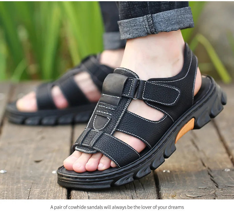 Genuine Leather Men Sandals Men's Massage Sandals Outdoor Non-Slip Beach Shoes Men's Durable Treking Sports Sandals Big Size 48 Blue Wolf Store