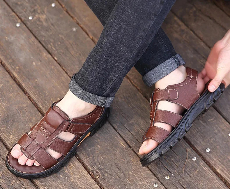 Genuine Leather Men Sandals Men's Massage Sandals Outdoor Non-Slip Beach Shoes Men's Durable Treking Sports Sandals Big Size 48 Blue Wolf Store