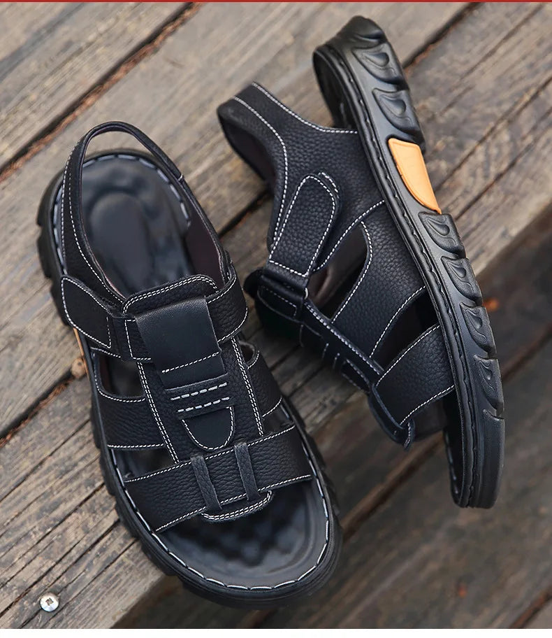 Genuine Leather Men Sandals Men's Massage Sandals Outdoor Non-Slip Beach Shoes Men's Durable Treking Sports Sandals Big Size 48 Blue Wolf Store