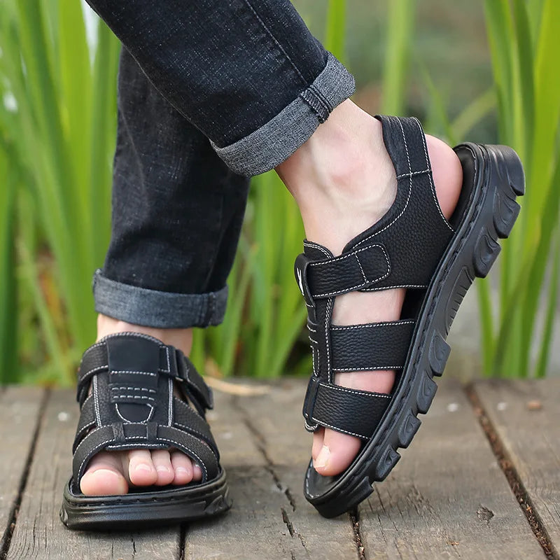 Genuine Leather Men Sandals Men's Massage Sandals Outdoor Non-Slip Beach Shoes Men's Durable Treking Sports Sandals Big Size 48 Blue Wolf Store