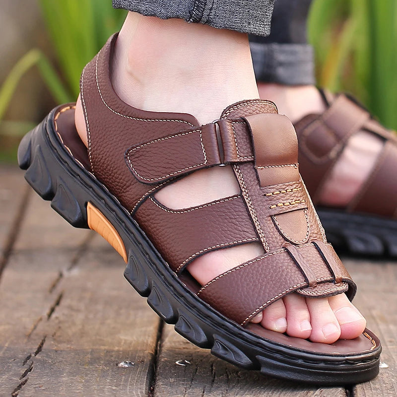 Genuine Leather Men Sandals Men's Massage Sandals Outdoor Non-Slip Beach Shoes Men's Durable Treking Sports Sandals Big Size 48 Blue Wolf Store
