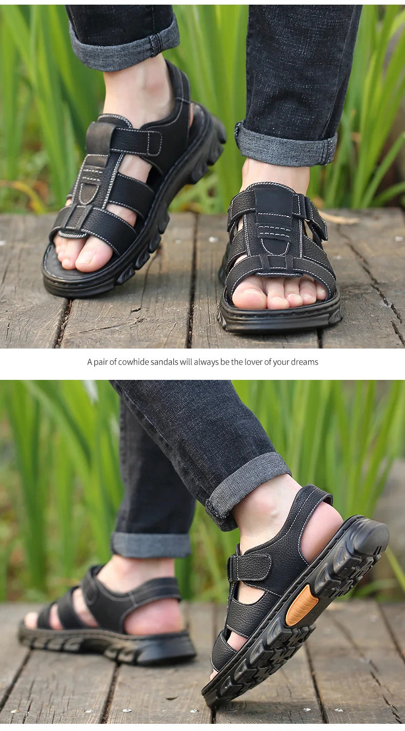 Genuine Leather Men Sandals Men's Massage Sandals Outdoor Non-Slip Beach Shoes Men's Durable Treking Sports Sandals Big Size 48 Blue Wolf Store