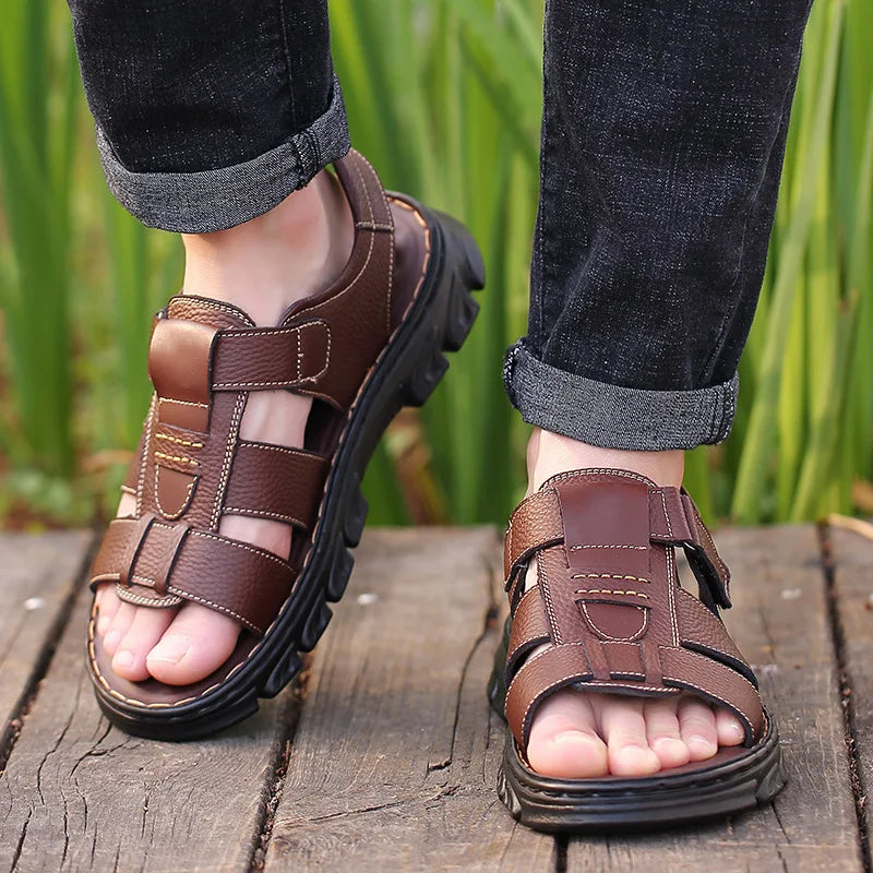Genuine Leather Men Sandals Men's Massage Sandals Outdoor Non-Slip Beach Shoes Men's Durable Treking Sports Sandals Big Size 48 Blue Wolf Store