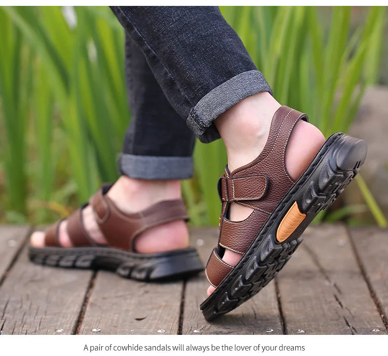 Genuine Leather Men Sandals Men's Massage Sandals Outdoor Non-Slip Beach Shoes Men's Durable Treking Sports Sandals Big Size 48 Blue Wolf Store