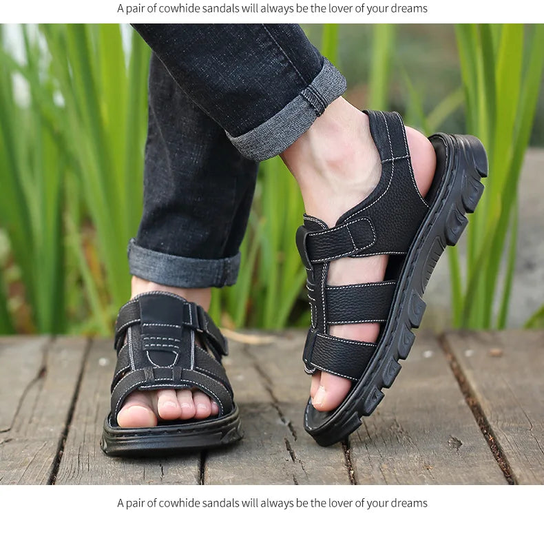 Genuine Leather Men Sandals Men's Massage Sandals Outdoor Non-Slip Beach Shoes Men's Durable Treking Sports Sandals Big Size 48 Blue Wolf Store