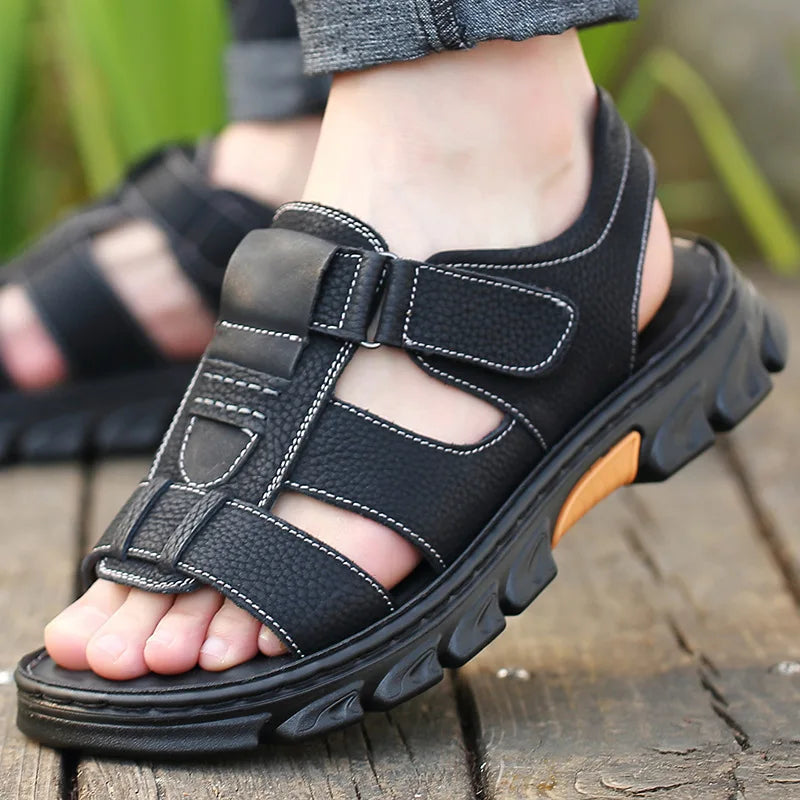 Genuine Leather Men Sandals Men's Massage Sandals Outdoor Non-Slip Beach Shoes Men's Durable Treking Sports Sandals Big Size 48 Blue Wolf Store black 36