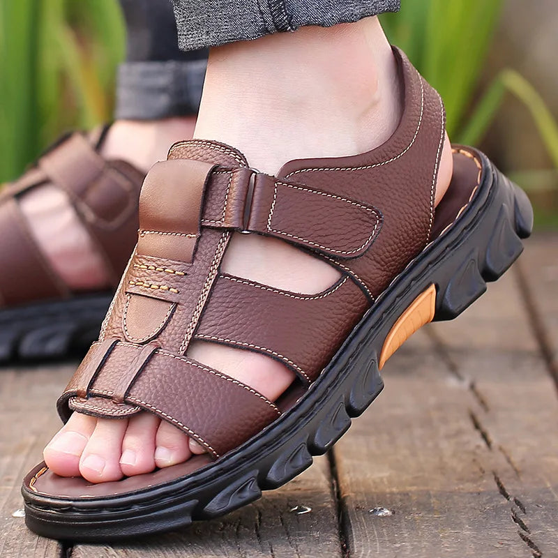 Genuine Leather Men Sandals Men's Massage Sandals Outdoor Non-Slip Beach Shoes Men's Durable Treking Sports Sandals Big Size 48 Blue Wolf Store Brown 44
