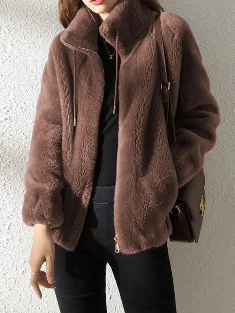 Korean Women Long Sleeve Jackets New Autumn Winter Jackets for Women Plush Thickened Double Sided Cashmere Lapel Warm Coat blusa Blue Wolf Store Dark brown S