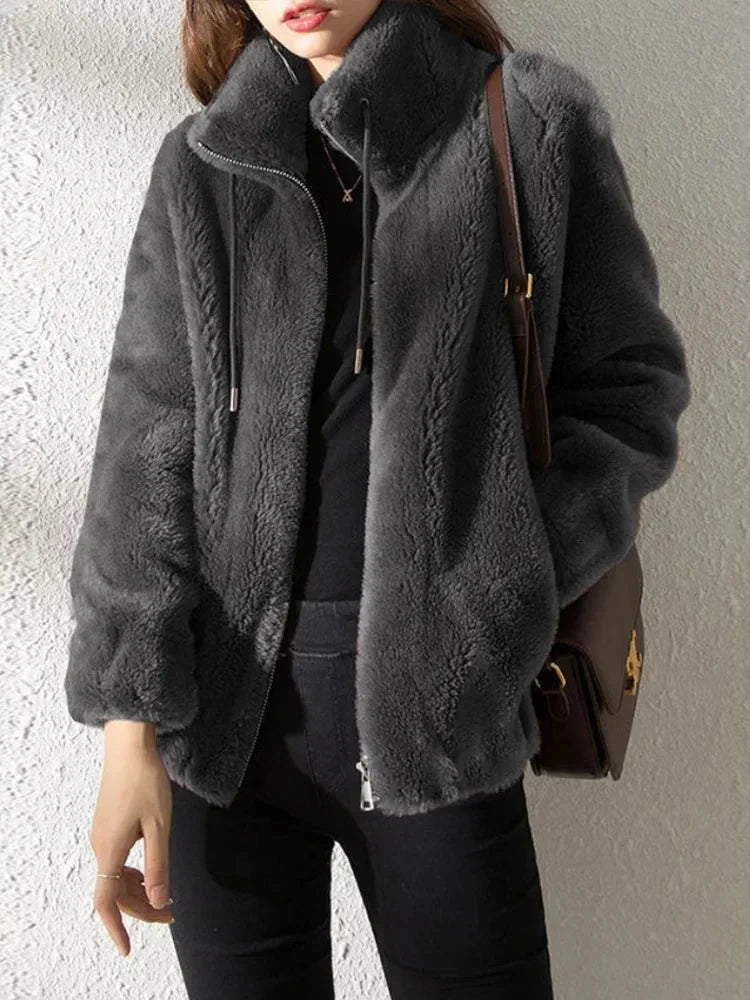 Korean Women Long Sleeve Jackets New Autumn Winter Jackets for Women Plush Thickened Double Sided Cashmere Lapel Warm Coat blusa Blue Wolf Store GRAY S