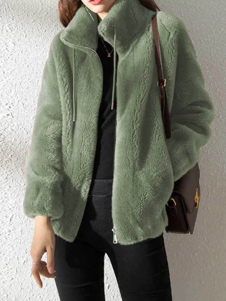 Korean Women Long Sleeve Jackets New Autumn Winter Jackets for Women Plush Thickened Double Sided Cashmere Lapel Warm Coat blusa Blue Wolf Store green S