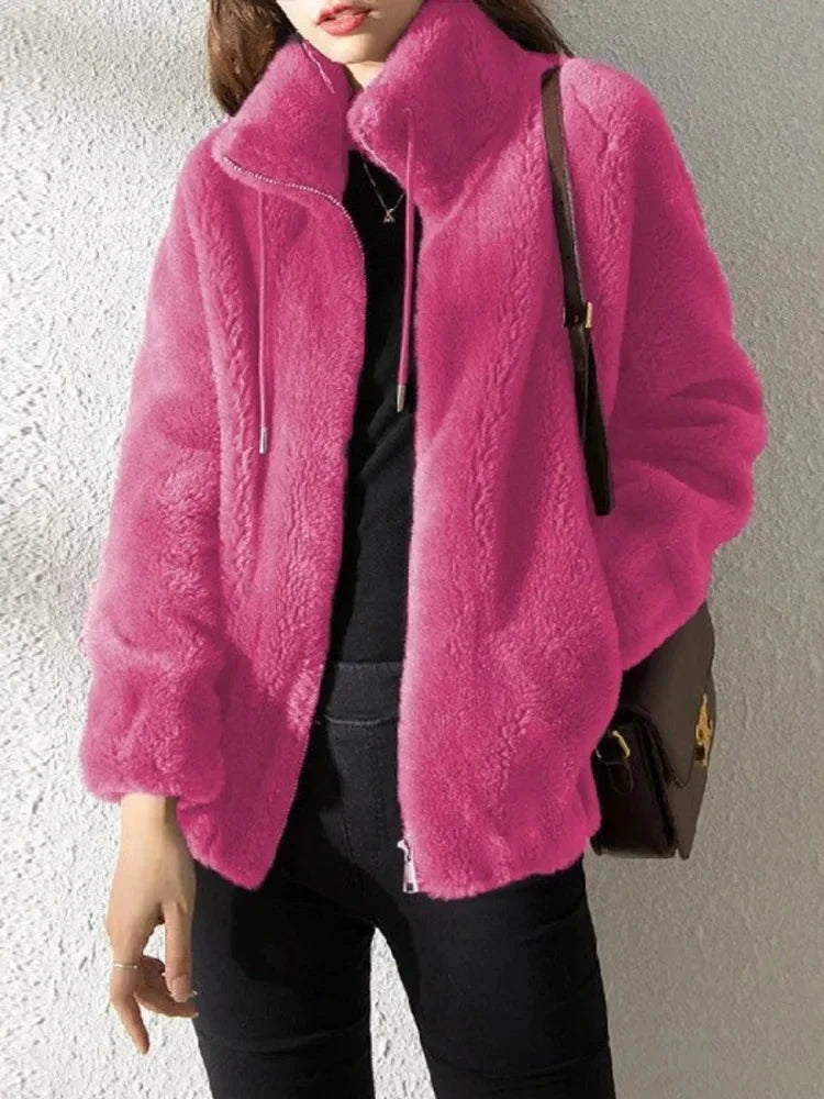 Korean Women Long Sleeve Jackets New Autumn Winter Jackets for Women Plush Thickened Double Sided Cashmere Lapel Warm Coat blusa Blue Wolf Store Pink S