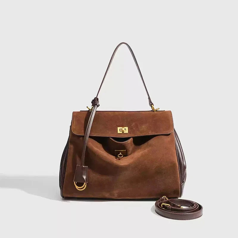 Luxury Brand Women Messenger Bags Genuine Leather Brown Suede Hand Held Totes Gold Buckle Women Shoulder Bags Lady Trend Satchel Blue Wolf Store