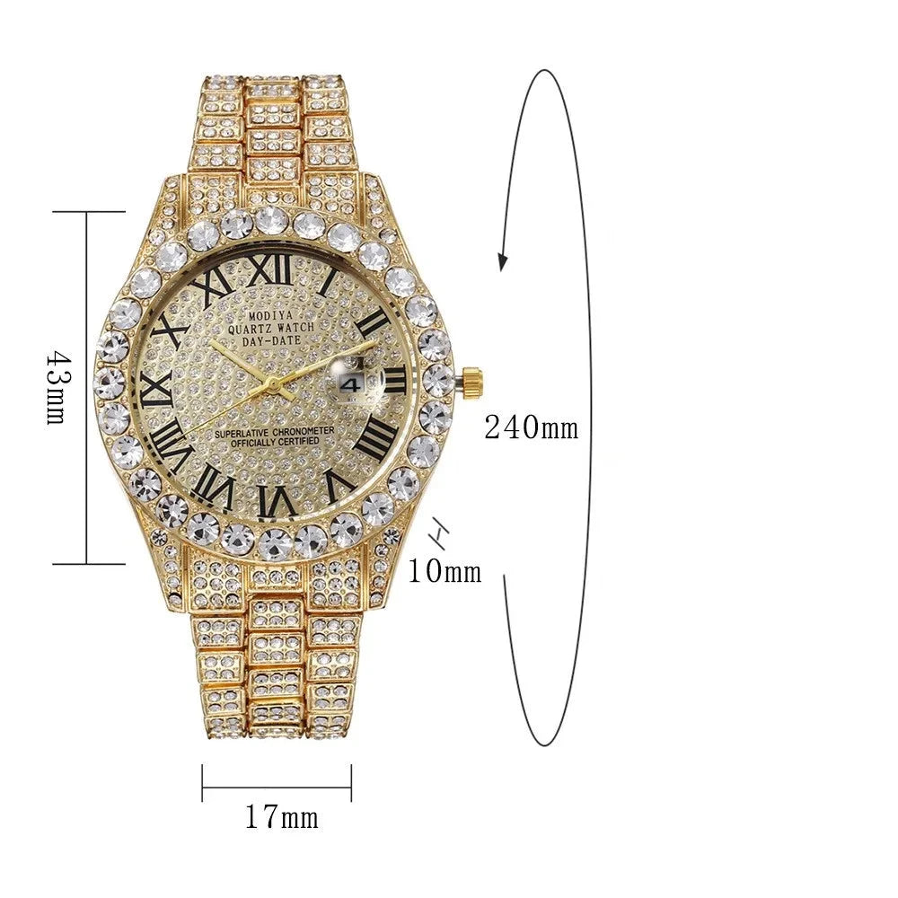 Luxury Classic Golden Men's Steel Strap Roman Scale Rhinestone Calendar Quartz Watch Fashion Male Wristwatch Relogio Masculino Blue Wolf Store