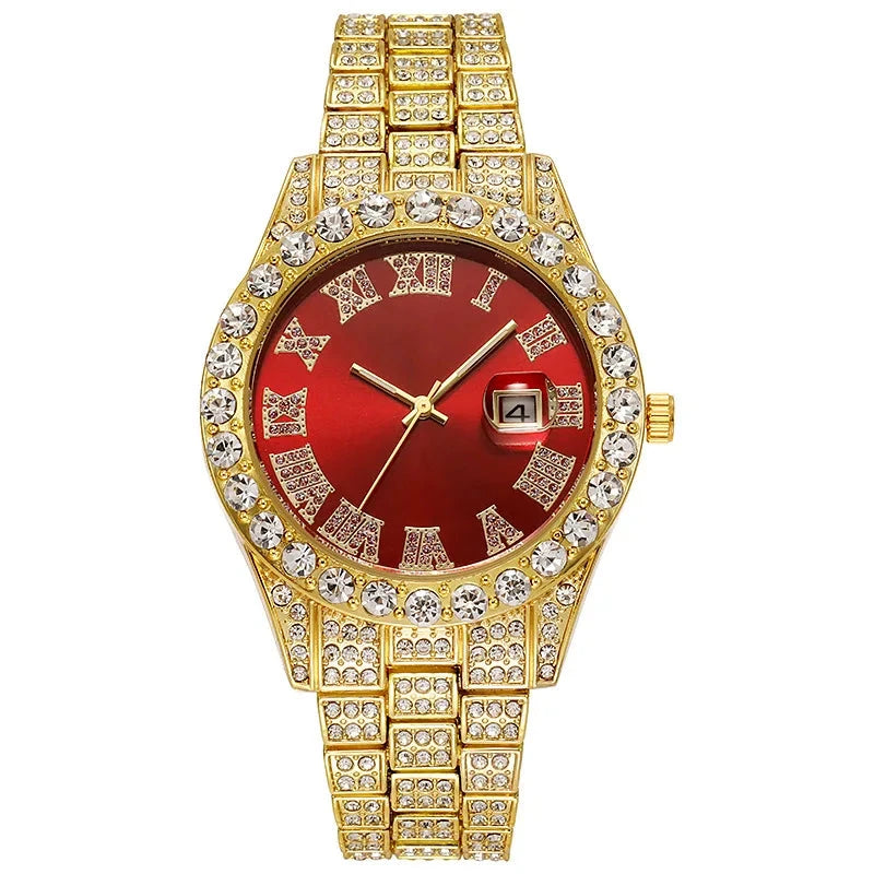 Luxury Classic Golden Men's Steel Strap Roman Scale Rhinestone Calendar Quartz Watch Fashion Male Wristwatch Relogio Masculino Blue Wolf Store gold red CN
