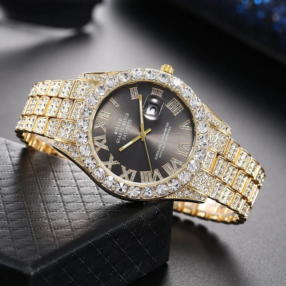 Luxury Classic Golden Men's Steel Strap Roman Scale Rhinestone Calendar Quartz Watch Fashion Male Wristwatch Relogio Masculino Blue Wolf Store golde black CN