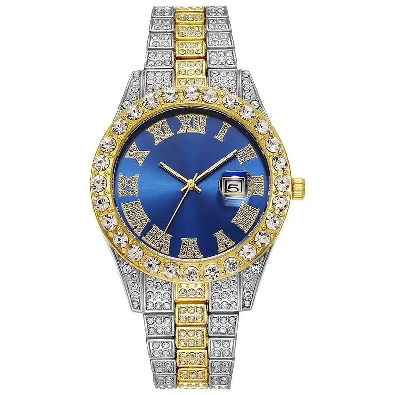 Luxury Classic Golden Men's Steel Strap Roman Scale Rhinestone Calendar Quartz Watch Fashion Male Wristwatch Relogio Masculino Blue Wolf Store silver blue CN