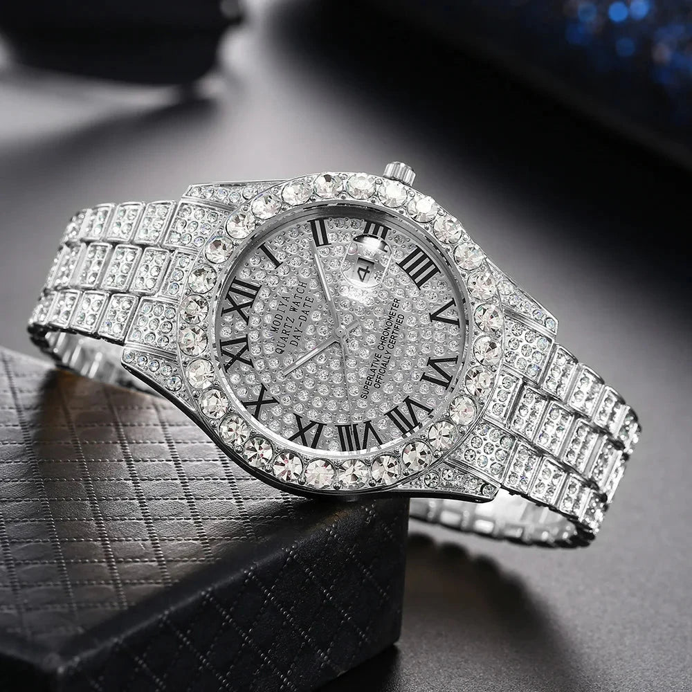 Luxury Classic Golden Men's Steel Strap Roman Scale Rhinestone Calendar Quartz Watch Fashion Male Wristwatch Relogio Masculino Blue Wolf Store silver CN