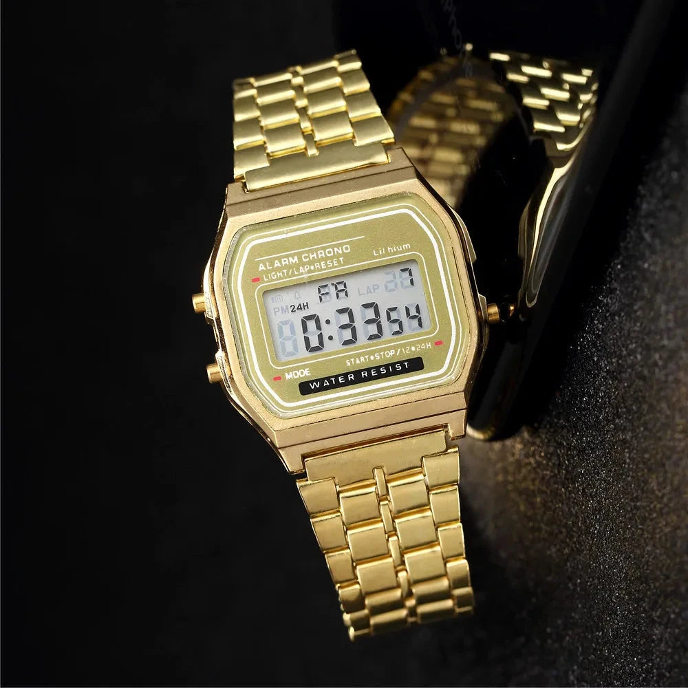 Luxury LED Digital Watch for Men Stainless Steel Men's Electronic Wristwatch Simple Business Gold Sliver Mens Watch Reloj Hombre Blue Wolf Store Gold