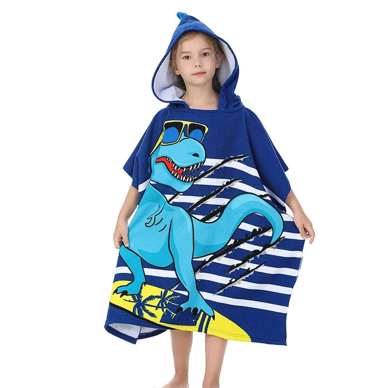 New Childrens Bath Towel Cartoon Print Cape Hooded Beach Bathrobe Soft Breathable Absorbent Quickdrying Bath Towel Robe Blue Wolf Store Blue Dinosaur 60X120CM